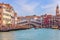 Venice, Italy - March 27, 2019: Beautiful vivid view of the famous Rialto Bridge Ponte Di Rialto over the Grand Canal
