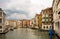 Venice Italy. May 15, 2018. Numerous typical Renaissance buildings. Horizontal view during a cloudy day. Maritime traffic in the