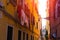 Venice Italy morning sunny street with laundry washed clothes hanging out to dry on ropes