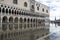 Venice, Italy - November 27, 2018: St. Marks Square Piazza San Marco during flood acqua alta in Venice, Italy. Doge`s Palace