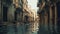 Venice, Italy. Old buildings and water. Vintage style.. An art composition of a flooded old European city in matte tones. AI