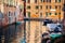 Venice, Italy Parked boats, gondolas transport movement on Grand Canal