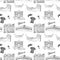 Venice Italy seamless pattern. Hand drawn sketch with gondolas, gondolier clothes, houses, market bridge and cafe table with chair