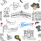 Venice Italy seamless pattern. Hand drawn sketch with map of Italy, gondolas, gondolier clothes, carnival venetian masks, houses,