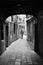 VENICE, ITALY - Sep 23, 2016: man walking down a narrow lane downtown Venice, Italy, monochrome