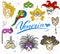 Venice Italy sketch carnival venetian masks Hand drawn set. Drawing doodle collection isolated