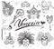 Venice Italy sketch carnival venetian masks Hand drawn set. Drawing doodle collection isolated