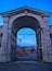 Venice Italy, View from the portico arch of Rialto Bridge on canal grande and Venice cityscape, taken at dawn sunrise.