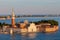 Venice, Italy â€“ 06-20-2018: Basilica of San Giorgio Maggiore. Panoramic bird`s-eye view.