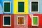 Venice landmark, Burano colorful house windows collection, Italy