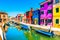 Venice landmark, Burano island canal, bridge, colorful houses an