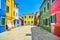 Venice landmark, Burano island street, colorful houses, Italy