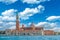 Venice landmark, view from sea of Piazza San Marco or st Mark square, Campanile and Ducale or Doge Palace. Italy, Europe