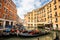 Venice. Moored Gondolas in Front of the Popular Cavalletto Hotel. Group of Gondolas in Orseolo Bacino in