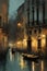 Venice by night digital painting , misty rainy fall atmosphere, illustration