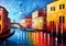Venice at night oil knife painting