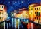 Venice at night oil knife painting