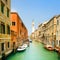 Venice panorama in San Giorgio dei Greci water canal and church campanile. Italy