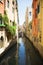 Venice, Veneto, Italy. Very narrow channel. A typical alley of the old part of the island of Venice.