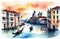 Venice, watercolor illustration of water canals with gondolas. Italy postcard, travelling concept