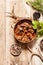 Venison Goulash in Pot on Wooden Surface