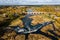 Venta Rapid waterfall, the widest waterfall in Europe and long brick bridge, Kuldiga, Latvia. Captured from above