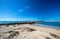 Ventura beach and sea rock wall jetty on the California coastline USA
