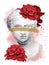 Venus head statue with a red roses flowers on a white background