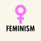 The Venus symbol & text `FEMINISM`. Isolated pink icon and black letters in cartoon style. Concept illustration