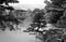 Veranda of a traditional Japanese house in the garden in the fog in monochrome