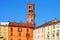 Vercelli city and colorful old buildings with the red bricks angel tower placed in Italy