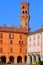 Vercelli city and colorful old buildings with the red bricks angel tower placed in Italy