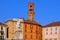 Vercelli city and colorful old buildings with the red bricks angel tower placed in Italy