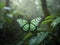 A verdant butterfly exploring a rainforest in the morning haze