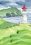 Verdant green cliffs with famous danish landmark lighthouse with blue and grey sky background