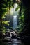 Verdant rainforest cascade with sunlight piercing through