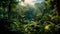 Verdant rainforest teeming with lush plant life, natural sunlight. Generative AI