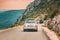 Verdon, France. Small car on road on background of French mountain nature landscape the Gorges Du Verdon in France