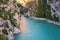 Verdon Gorge, amazing landscape of famous canyon with winding turquoise-green color river and high rocks in Alps, Provence, France