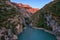 Verdon Gorge, amazing landscape of famous canyon with winding turquoise-green color river and high rocks in Alps, Provence, France