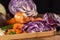 Verious fresh vegetables on a wooden table, healthy food