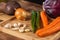 Verious fresh vegetables on a wooden table, healthy food