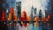Vermilion Visions: An Abstract Cityscape Reflected in Haunting B