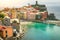 Vernazza bay above cliffs, Cinque Terre, Liguria, Italy with boats