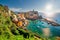 Vernazza, Colorful cityscape on the mountains over Mediterranean sea in Cinque Terre Italy