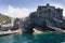 Vernazza, Italy, La Specia Province, Liguria Regione, 08 august, 2018: view of the sea on the rock and the castle of Doria. Ð¡