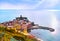 Vernazza village, aerial panoramic view. Cinque Terre, Ligury, I