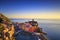 Vernazza village, aerial view on sunset. Cinque Terre, Ligury, I