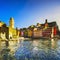 Vernazza village, church, rocks and sea harbor on sunset. Cinque Terre, Ligury, Italy