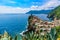 Vernazza - Village of Cinque Terre National Park at Coast of Italy. Beautiful colors at sunset. Province of La Spezia, Liguria, in